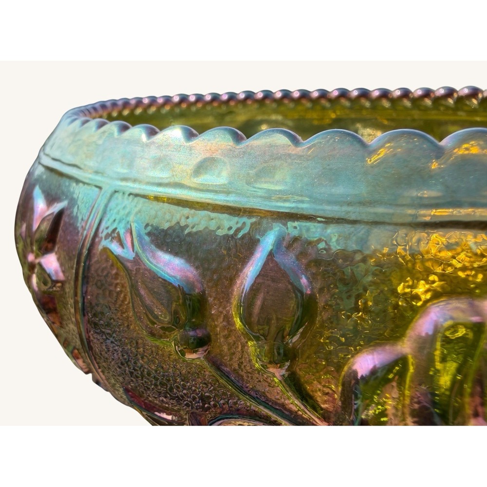 Vintage Imperial Glass Helios Green Carnival Glass Open Rose Bowl Iridescent - Picture 5 of 9